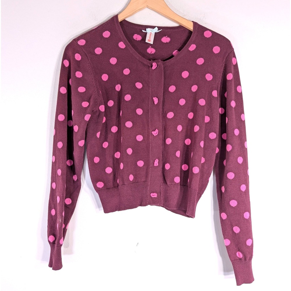 DownEast Burgundy Polka Dot Cardigan; Crochet Buttons, Cotton